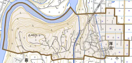 大字厚貝とその周辺の地図。町の範囲を重ねている