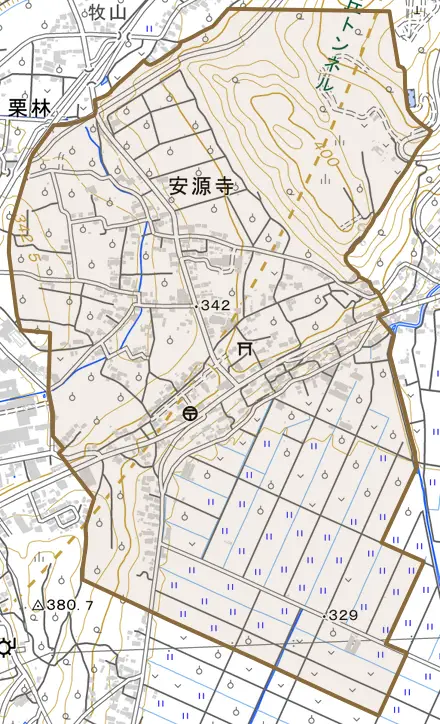 大字安源寺とその周辺の地図。町の範囲を重ねている