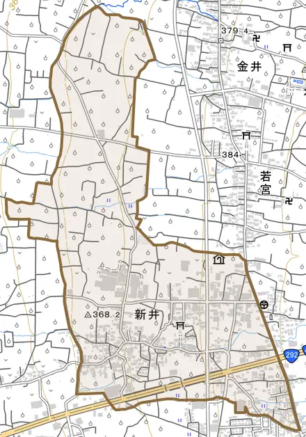 大字新井とその周辺の地図。町の範囲を重ねている