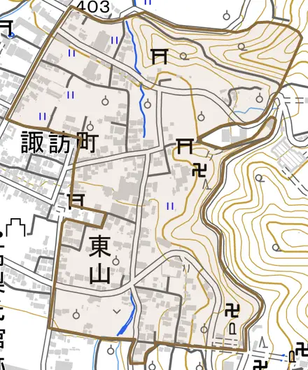 東山とその周辺の地図。町の範囲を重ねている