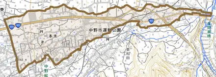 大字一本木とその周辺の地図。町の範囲を重ねている