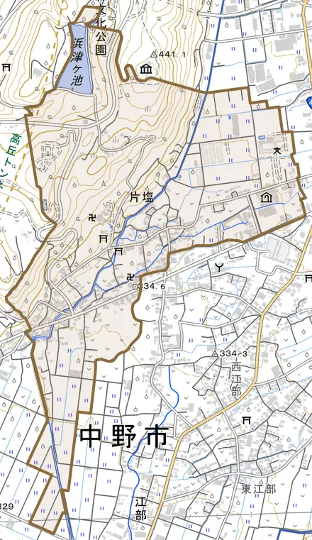 大字片塩とその周辺の地図。町の範囲を重ねている