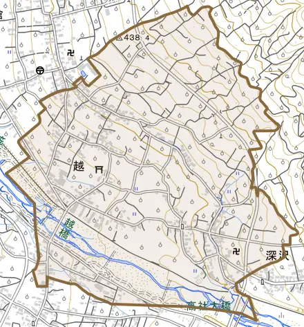 大字越とその周辺の地図。町の範囲を重ねている