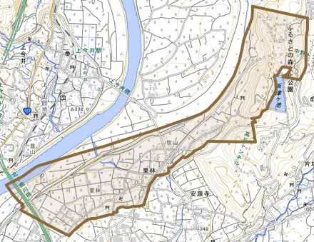 大字栗林とその周辺の地図。町の範囲を重ねている