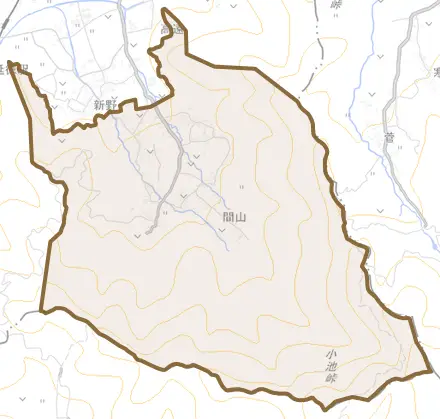 大字間山とその周辺の地図。町の範囲を重ねている