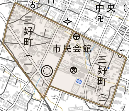 三好町とその周辺の地図。町の範囲を重ねている