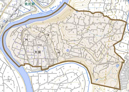 大字大俣とその周辺の地図。町の範囲を重ねている