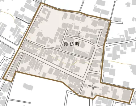 諏訪町とその周辺の地図。町の範囲を重ねている