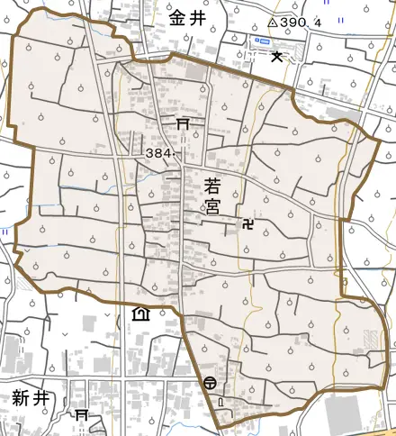 大字若宮とその周辺の地図。町の範囲を重ねている