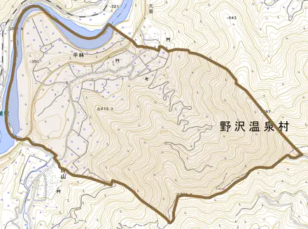 大字平林とその周辺の地図。町の範囲を重ねている