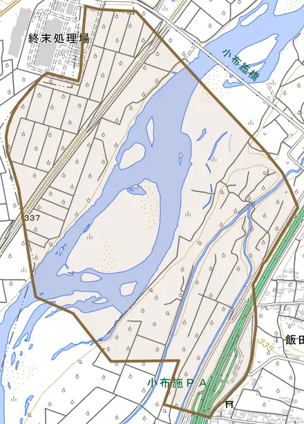 大字飯田とその周辺の地図。町の範囲を重ねている