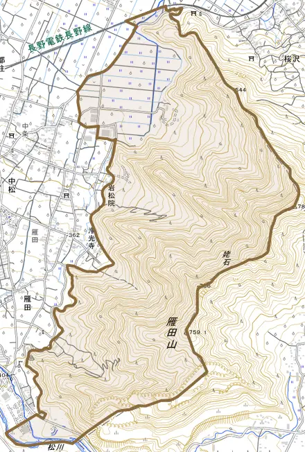 大字雁田とその周辺の地図。町の範囲を重ねている