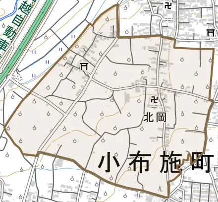 大字北岡とその周辺の地図。町の範囲を重ねている