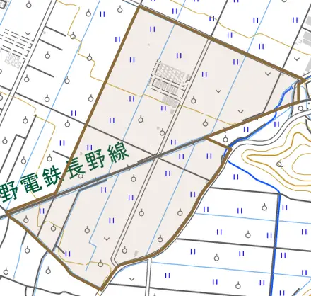 大字中松とその周辺の地図。町の範囲を重ねている