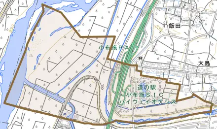 大字大島とその周辺の地図。町の範囲を重ねている