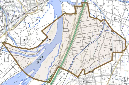 大字押羽とその周辺の地図。町の範囲を重ねている