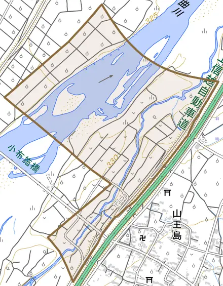 大字山王島とその周辺の地図。町の範囲を重ねている