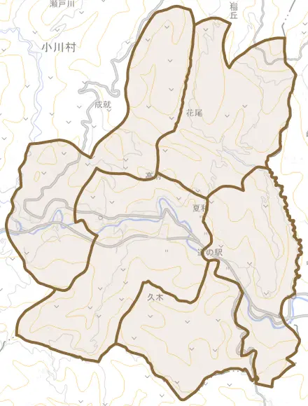 大字高府とその周辺の地図。町の範囲を重ねている