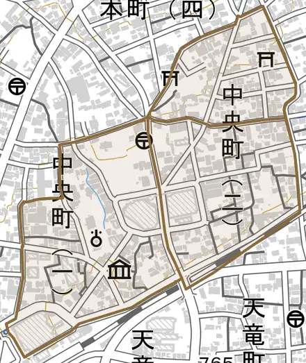 中央町とその周辺の地図。町の範囲を重ねている