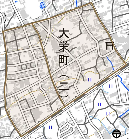 大栄町とその周辺の地図。町の範囲を重ねている