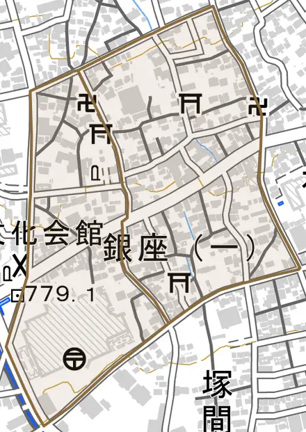 銀座とその周辺の地図。町の範囲を重ねている