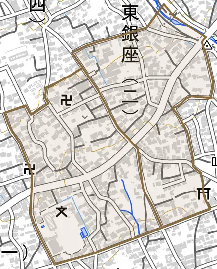 東銀座とその周辺の地図。町の範囲を重ねている