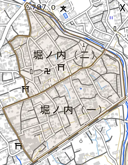 堀ノ内とその周辺の地図。町の範囲を重ねている