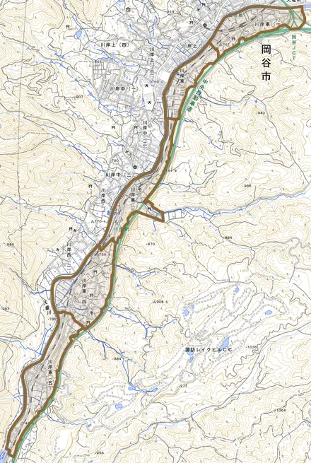 川岸東とその周辺の地図。町の範囲を重ねている