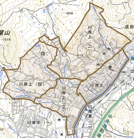 川岸上とその周辺の地図。町の範囲を重ねている