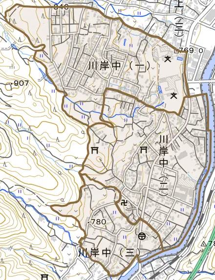 川岸中とその周辺の地図。町の範囲を重ねている