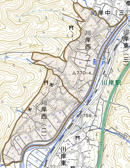 川岸西とその周辺の地図。町の範囲を重ねている