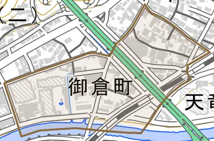 御倉町とその周辺の地図。町の範囲を重ねている