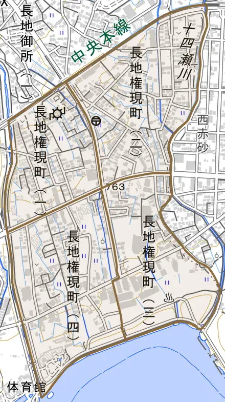 長地権現町とその周辺の地図。町の範囲を重ねている