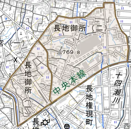 長地御所とその周辺の地図。町の範囲を重ねている