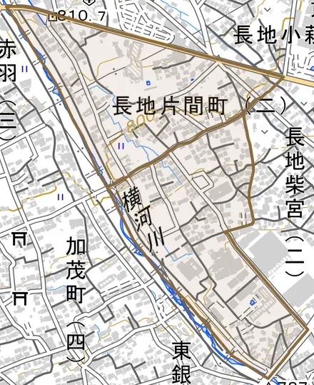 長地片間町とその周辺の地図。町の範囲を重ねている