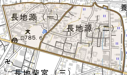 長地源とその周辺の地図。町の範囲を重ねている