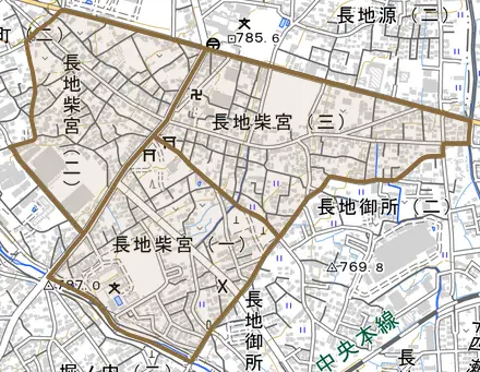 長地柴宮とその周辺の地図。町の範囲を重ねている