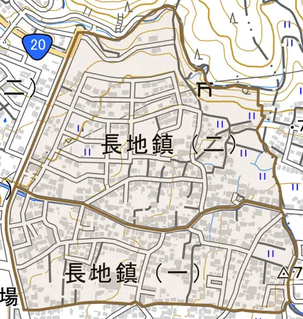 長地鎮とその周辺の地図。町の範囲を重ねている