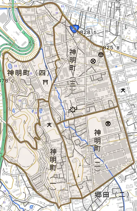 神明町とその周辺の地図。町の範囲を重ねている