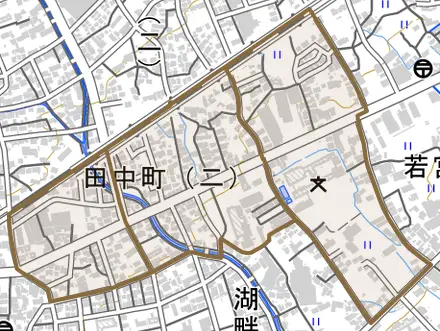 田中町とその周辺の地図。町の範囲を重ねている