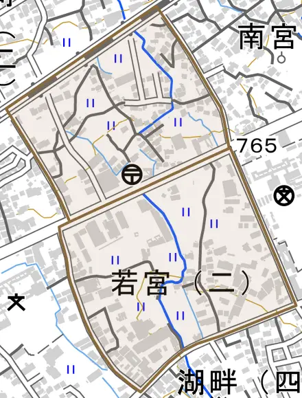 若宮とその周辺の地図。町の範囲を重ねている
