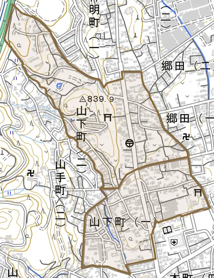 山下町とその周辺の地図。町の範囲を重ねている