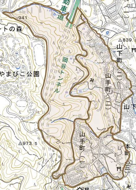 山手町とその周辺の地図。町の範囲を重ねている