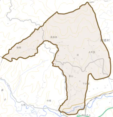 日とその周辺の地図。町の範囲を重ねている