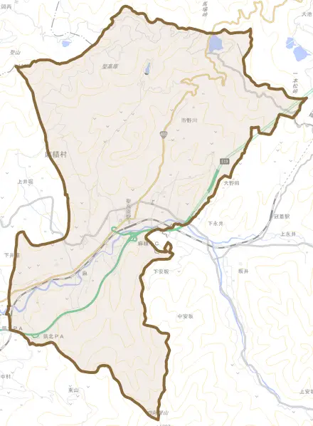 麻とその周辺の地図。町の範囲を重ねている