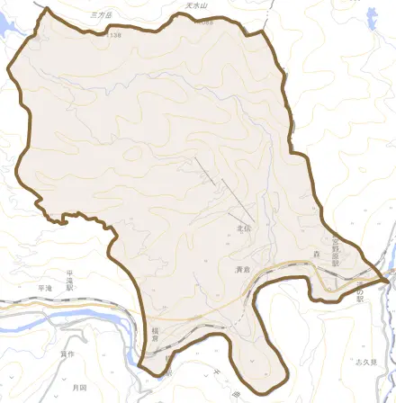 大字北信とその周辺の地図。町の範囲を重ねている