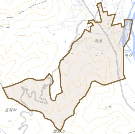 大字網掛とその周辺の地図。町の範囲を重ねている