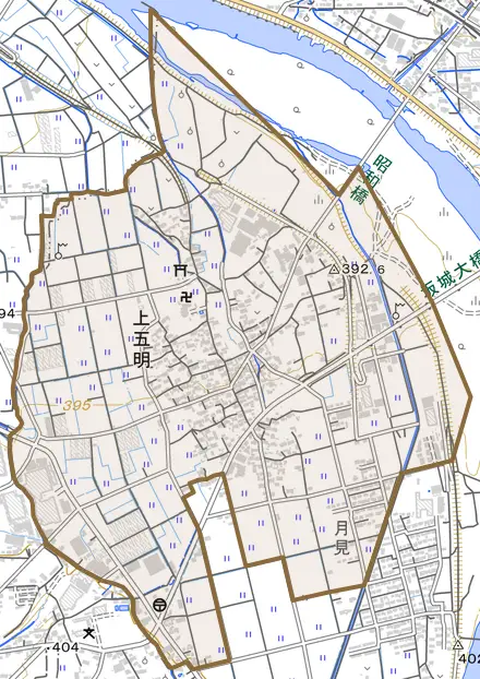 大字上五明とその周辺の地図。町の範囲を重ねている