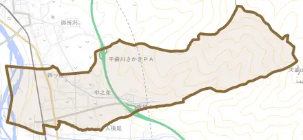大字中之条とその周辺の地図。町の範囲を重ねている