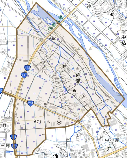 跡部とその周辺の地図。町の範囲を重ねている